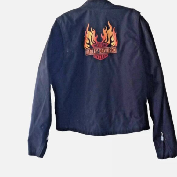 Harley-Davidson Black Canvas Jacket Flames Emblem Large Zipper Pockets Authentic - Picture 1 of 14
